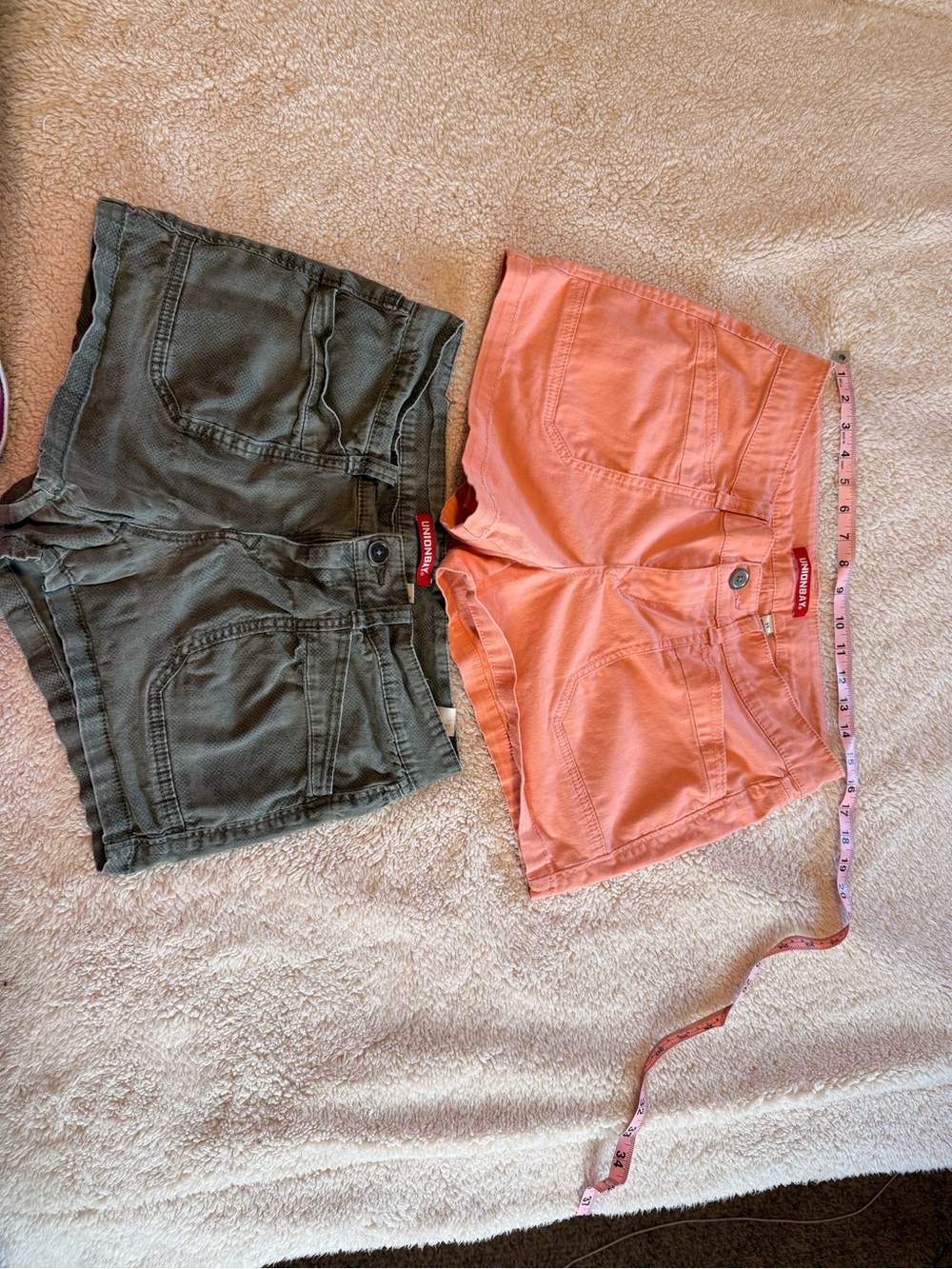 UNIONBAY Women's Olive Green and Coral Pink Jean Shorts Duo
